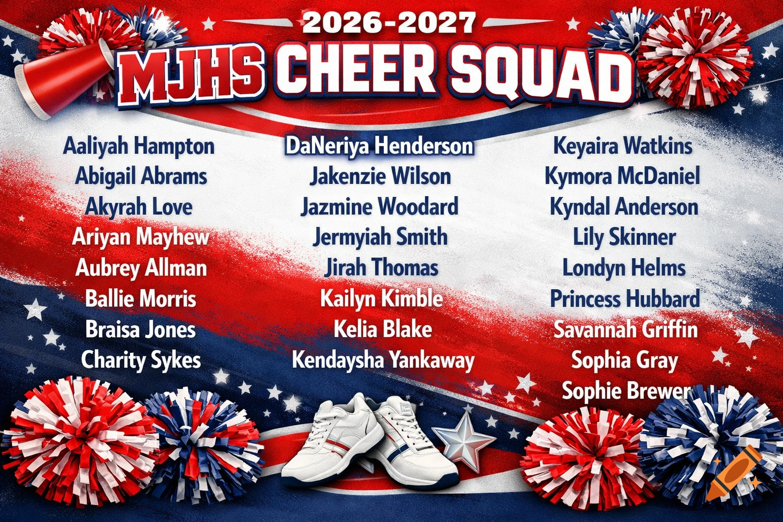A red, white, and blue poster for the MJHS Cheer Squad 2026-2027, featuring pom-poms, a megaphone, sneakers, stars, and a list of team members' names.