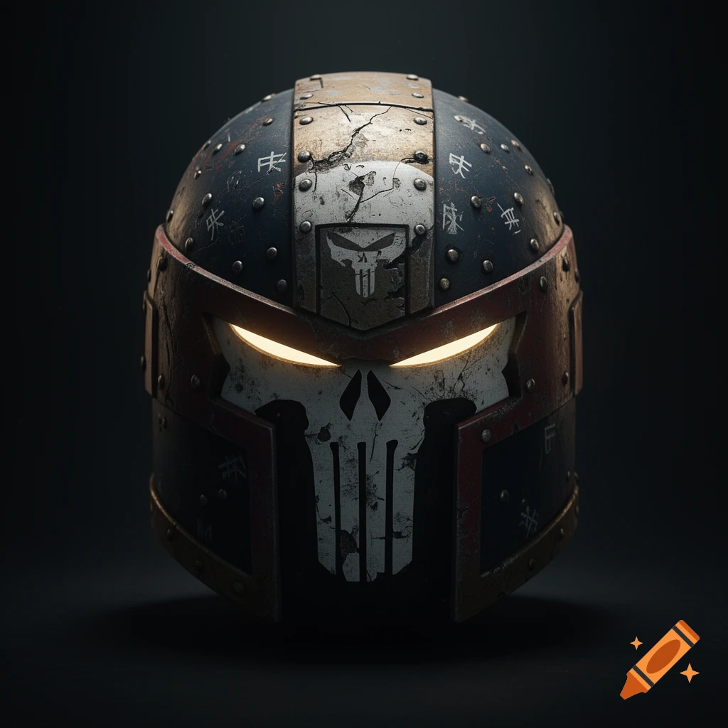 A gritty, battle-worn helmet with a scratched Punisher skull painted on the front, glowing visor slit, scuffed metal, rivets, and etched symbols, against a dark background.