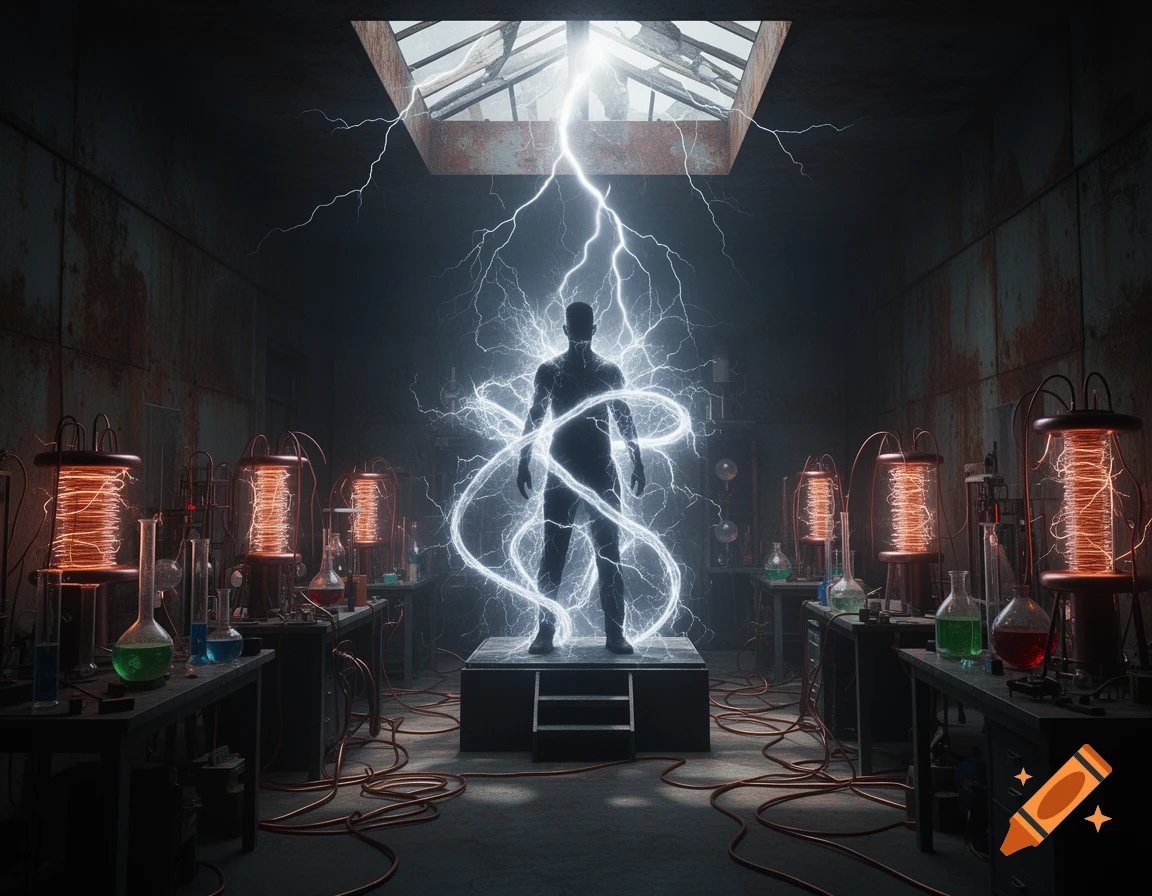 A silhouette of a person being struck by powerful lightning in a dark, ominous laboratory filled with Tesla coils and glowing beakers.