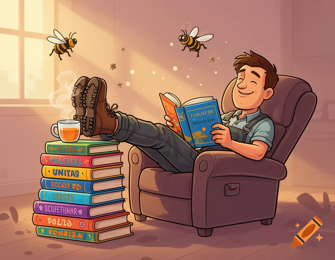 A cartoon man in overalls and work boots relaxes in a recliner, feet up on a stack of books, reading a book with bees flying around. A steaming mug of tea is on the books.