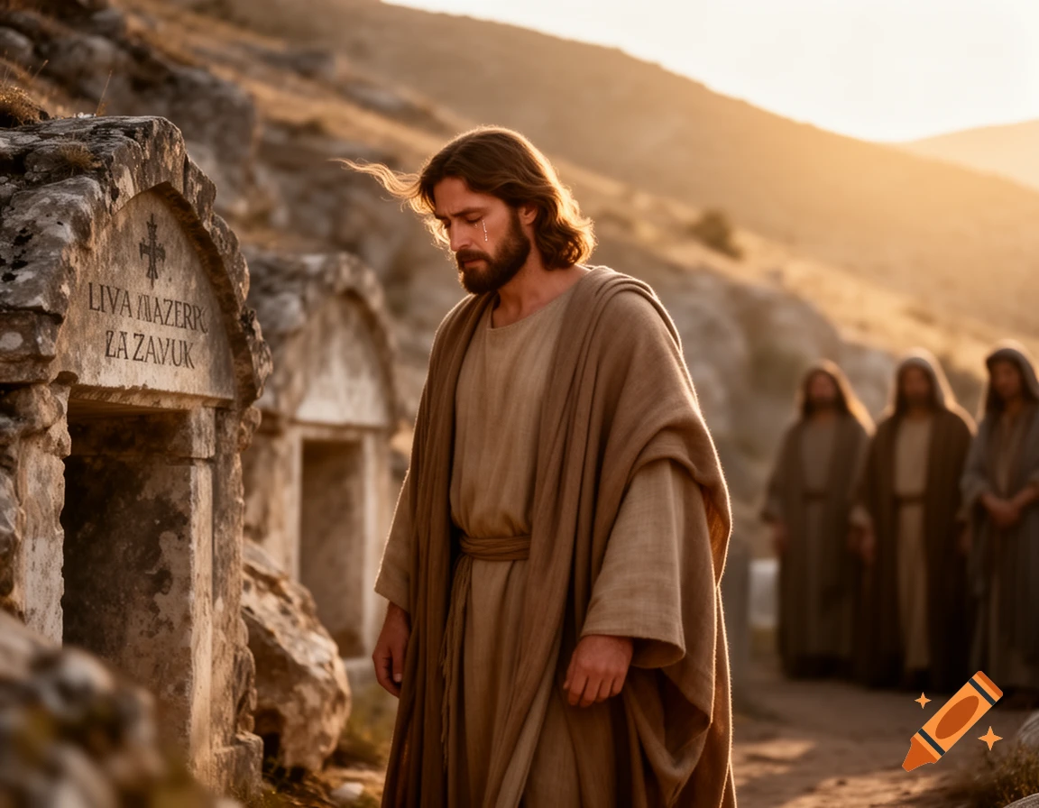 Jesus weeps by a stone tomb with other figures in the background at sunset, photorealistic style.