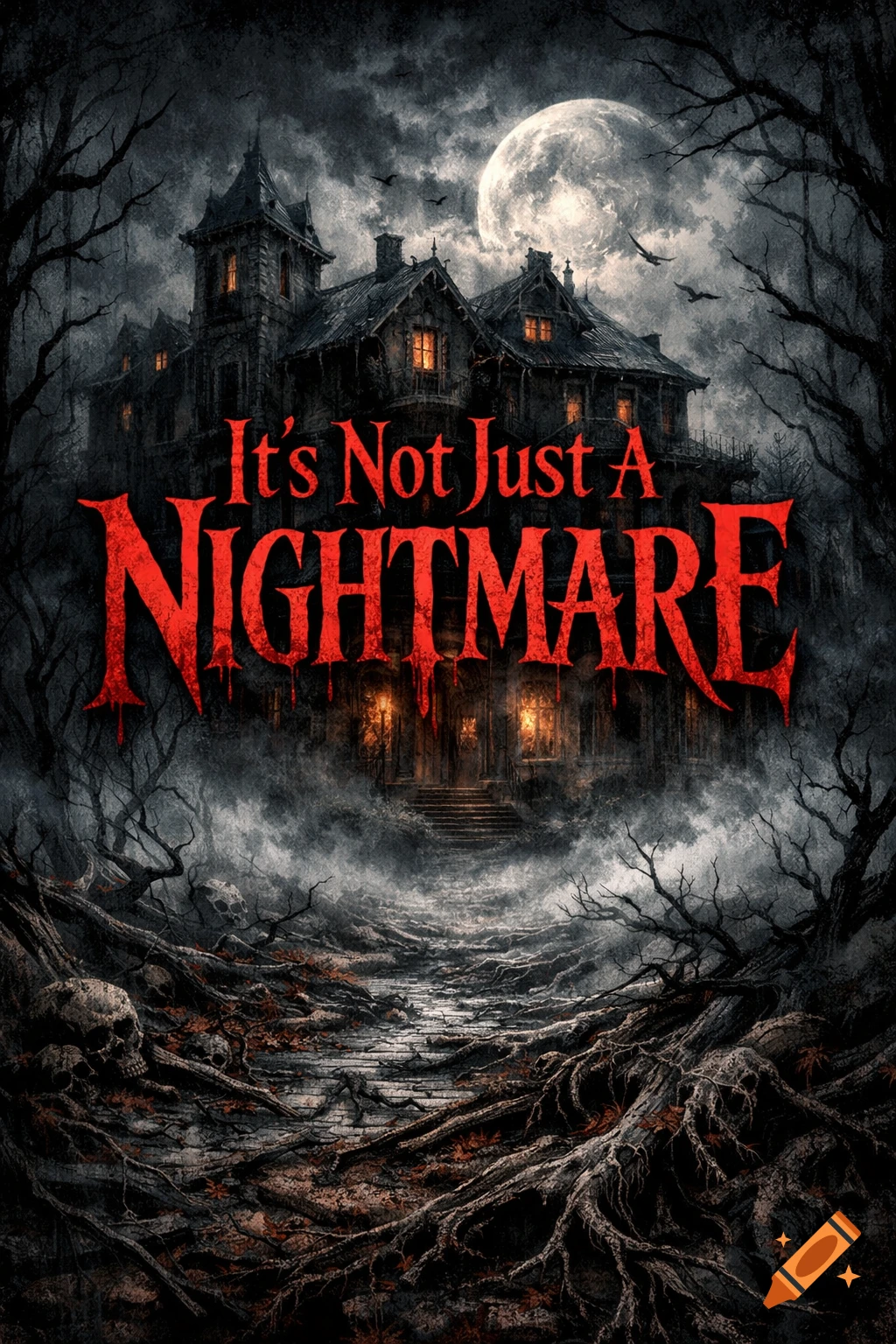 Dark, eerie horror book cover with a haunted mansion under a full moon, bare trees, fog, and skulls. Title reads 'It's Not Just A Nightmare'.