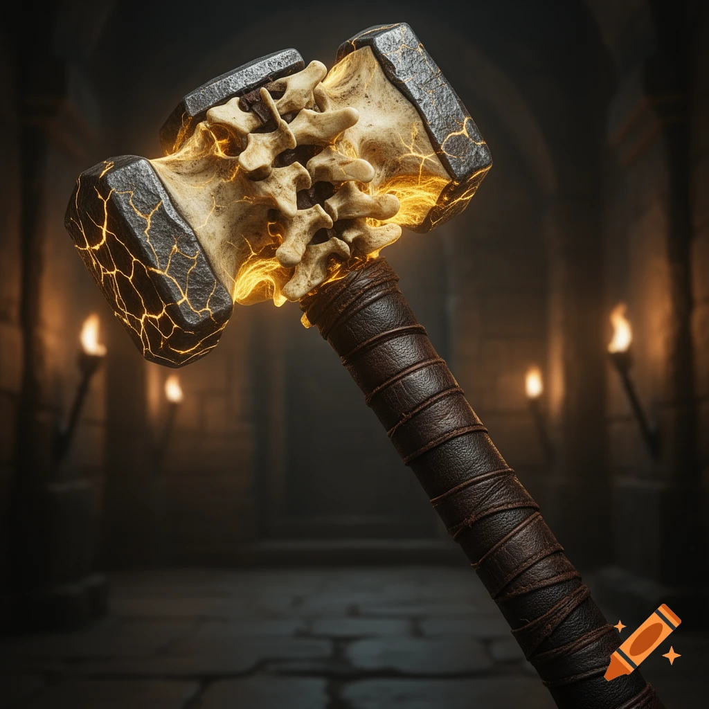 Photorealistic warhammer with a glowing bone vertebra head and cracked metal, a leather-wrapped haft, in a dark dungeon.