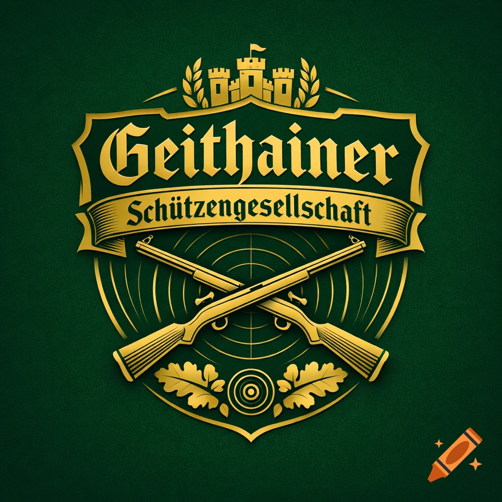 A golden crest logo on a dark green background, featuring a castle, laurel wreaths, oak leaves, two crossed rifles, a target, and the text "Geithainer Schützengesellschaft".
