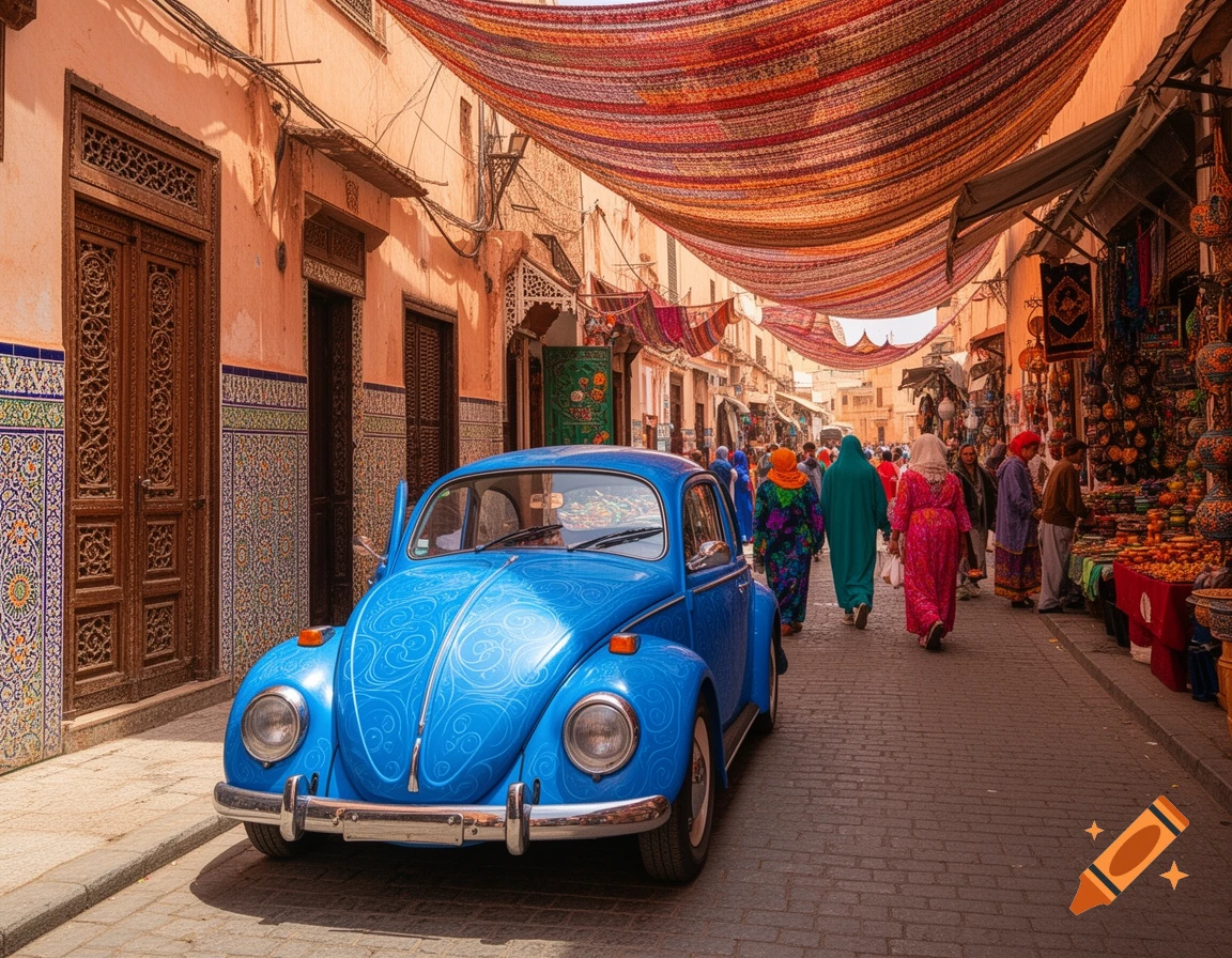 A vibrant street scene in Morocco with a blue classic car parked on a cobblestone road, colorful fabrics overhead, and people.