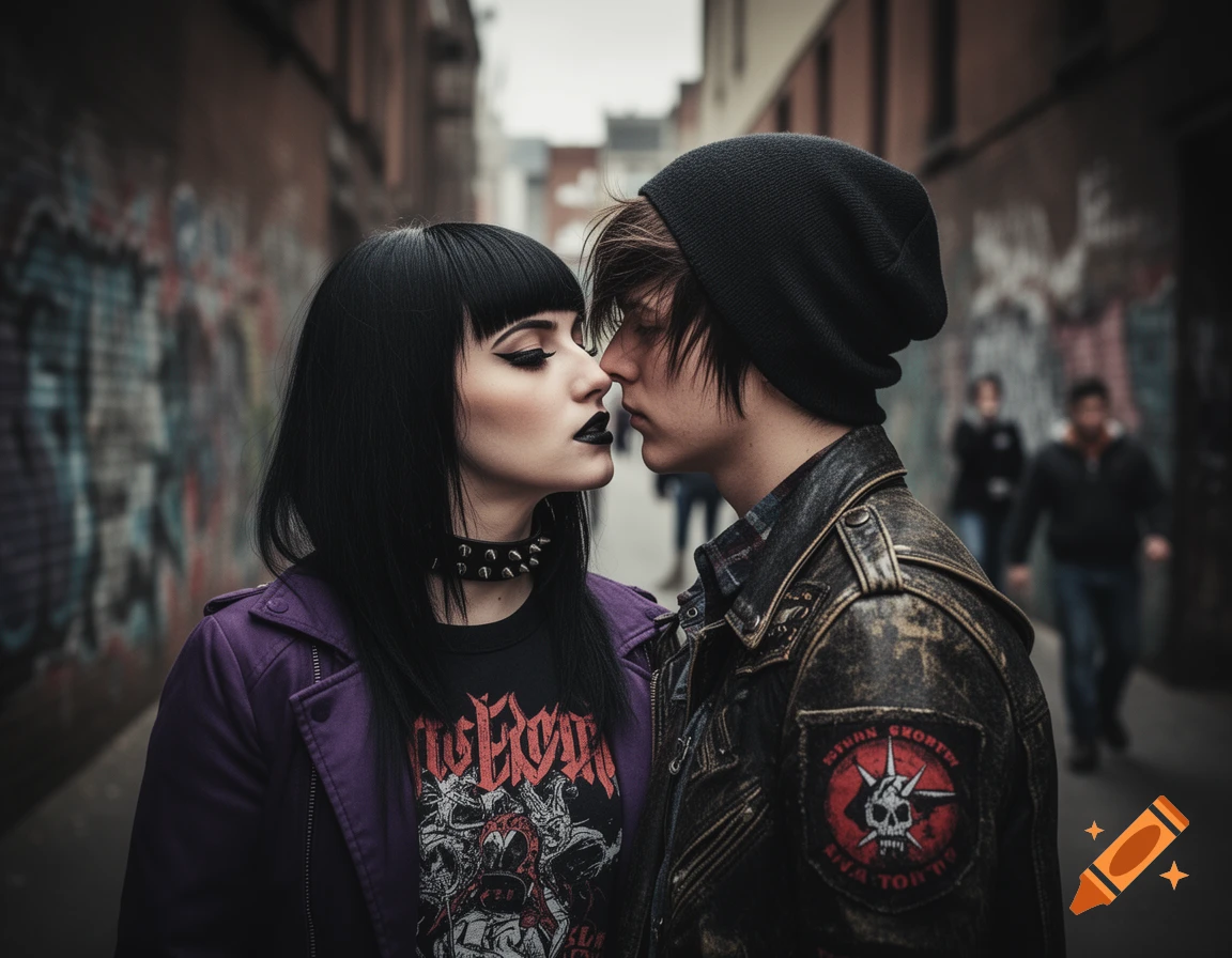 A young Goth/Emo couple, dressed in dark clothing and makeup, lean in for a kiss in a graffiti-covered urban alley.