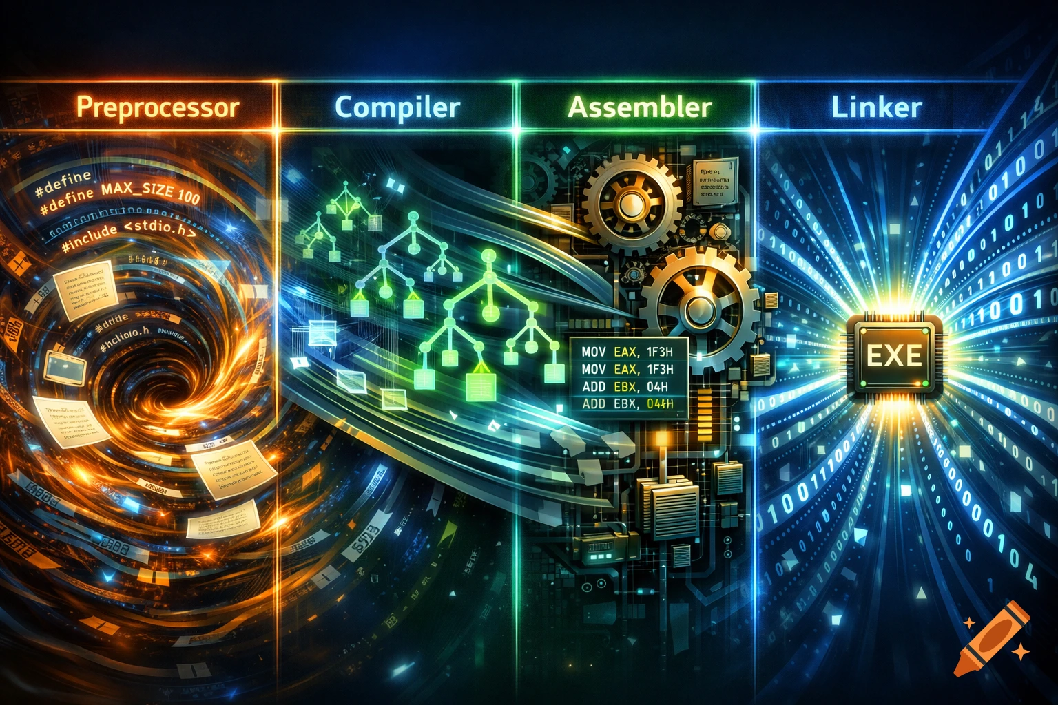 An abstract, vibrant illustration showing the steps of program compilation: Preprocessor (swirling code), Compiler (syntax tree), Assembler (gears, assembly code), and Linker (binary data leading to an EXE chip).