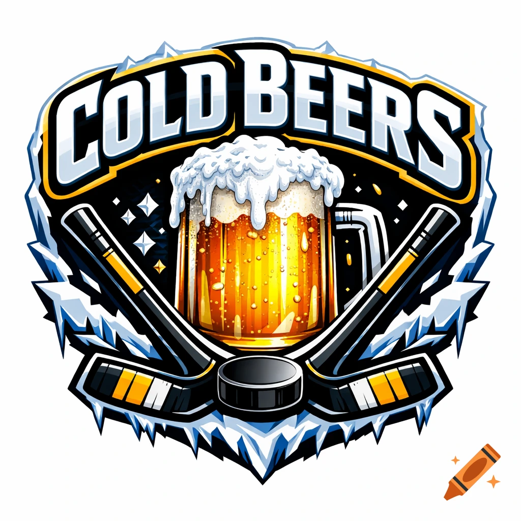 Hockey logo with 'COLD BEERS' text, a frothy beer mug, crossed hockey sticks, a puck, and ice details.