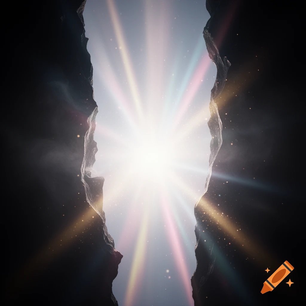 Bright light with colorful rays bursting through a dark, cracked opening.