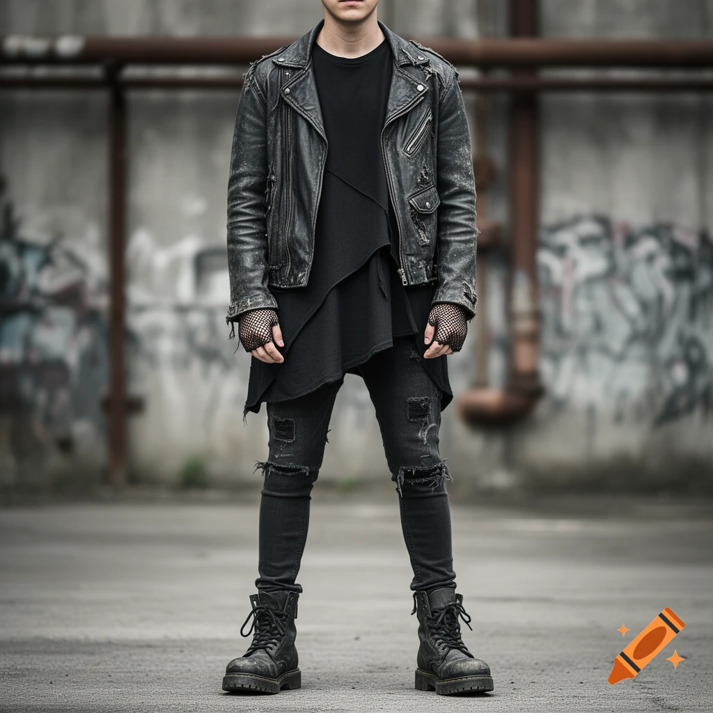 A person in a black distressed leather jacket, layered top, ripped jeans, and combat boots stands against a concrete wall.