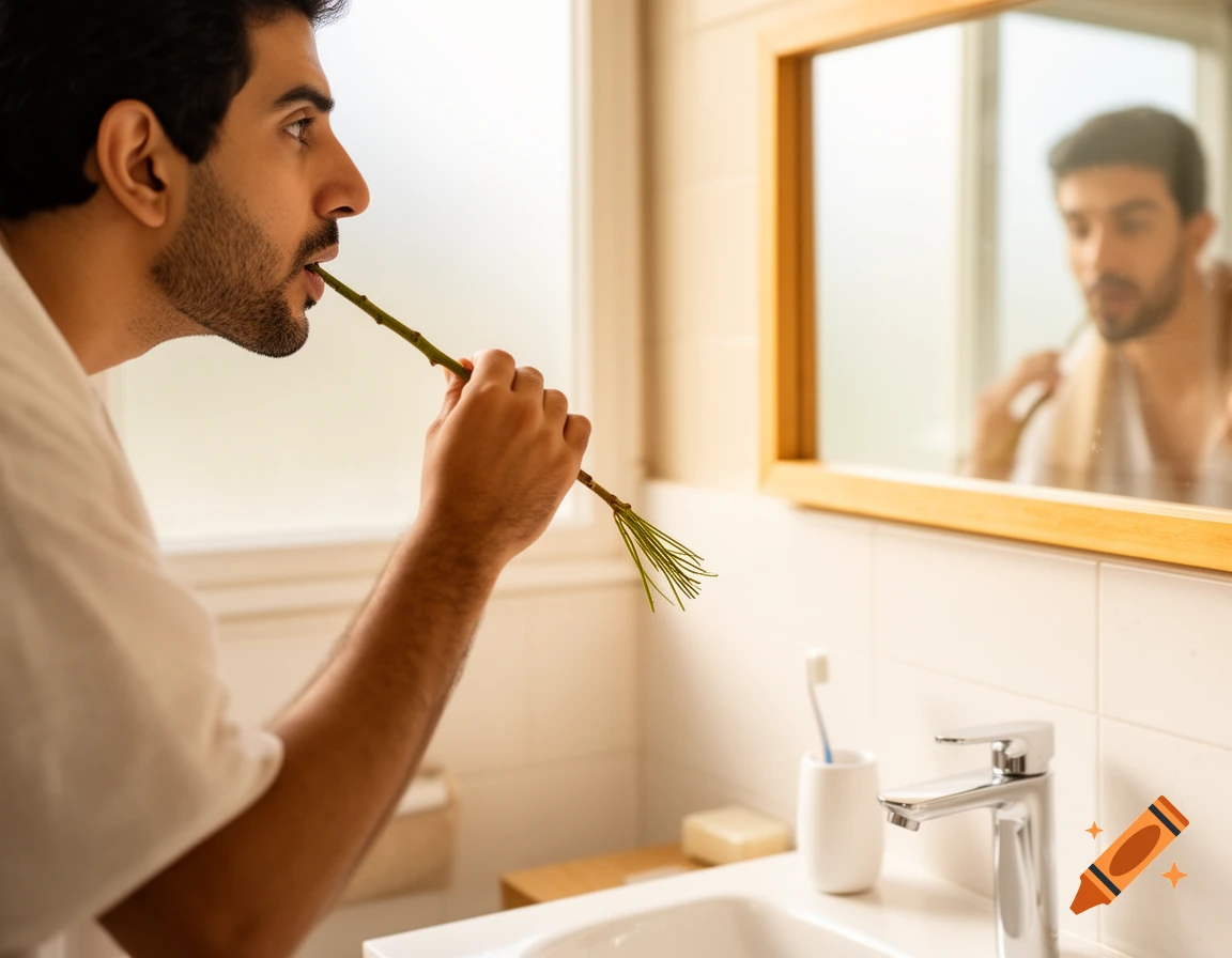 A man in a bathroom brushes his teeth with a stick from a toothbrush tree, reflected in the mirror above the sink.