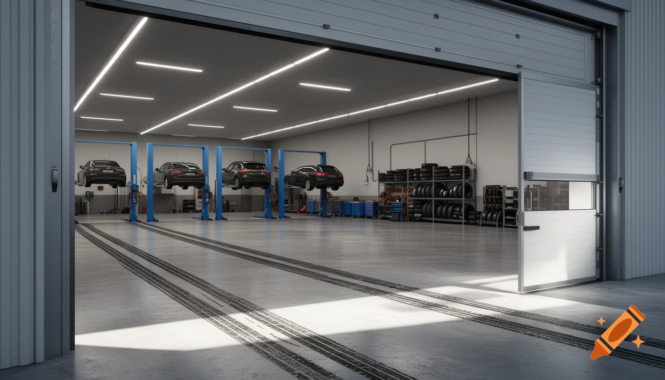 Photorealistic 3D render of a modern car workshop with several cars on lifts, tire racks, and a partially open garage door.