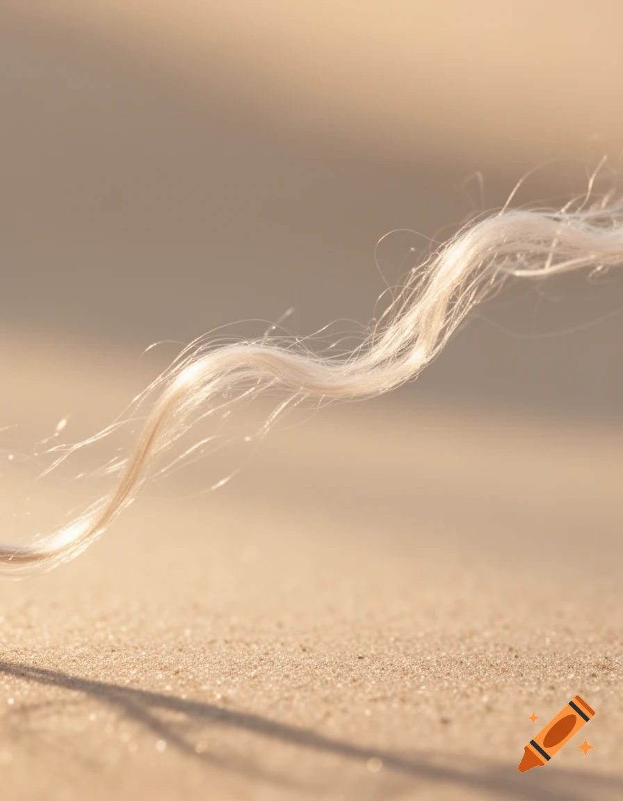 A close-up of a wavy, light-colored strand lying on a granular, sandy surface with a blurred background.