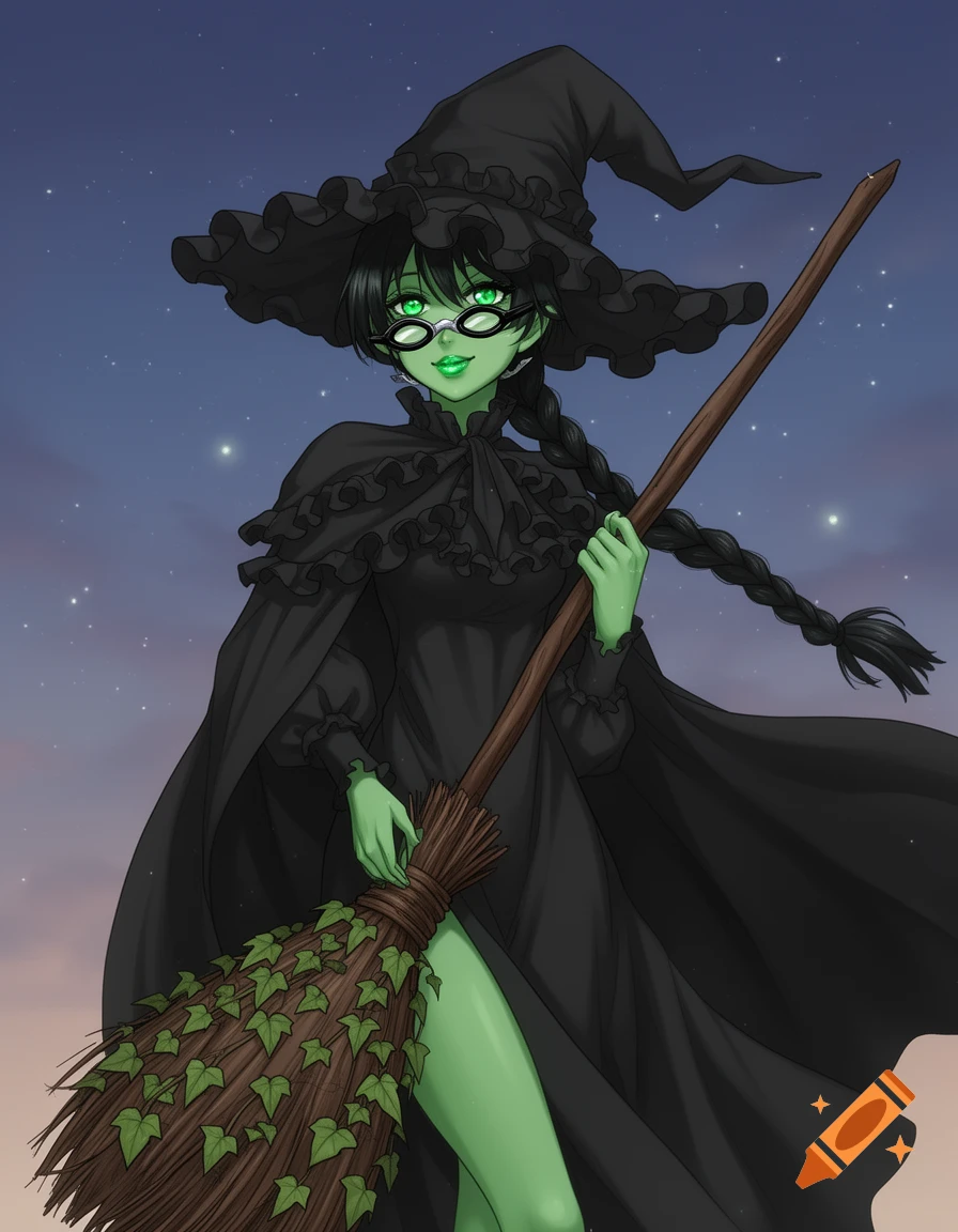 An anime-style green-skinned witch in a ruffled black hat, robe, and cape, holding a broom with ivy, against a starry night sky.