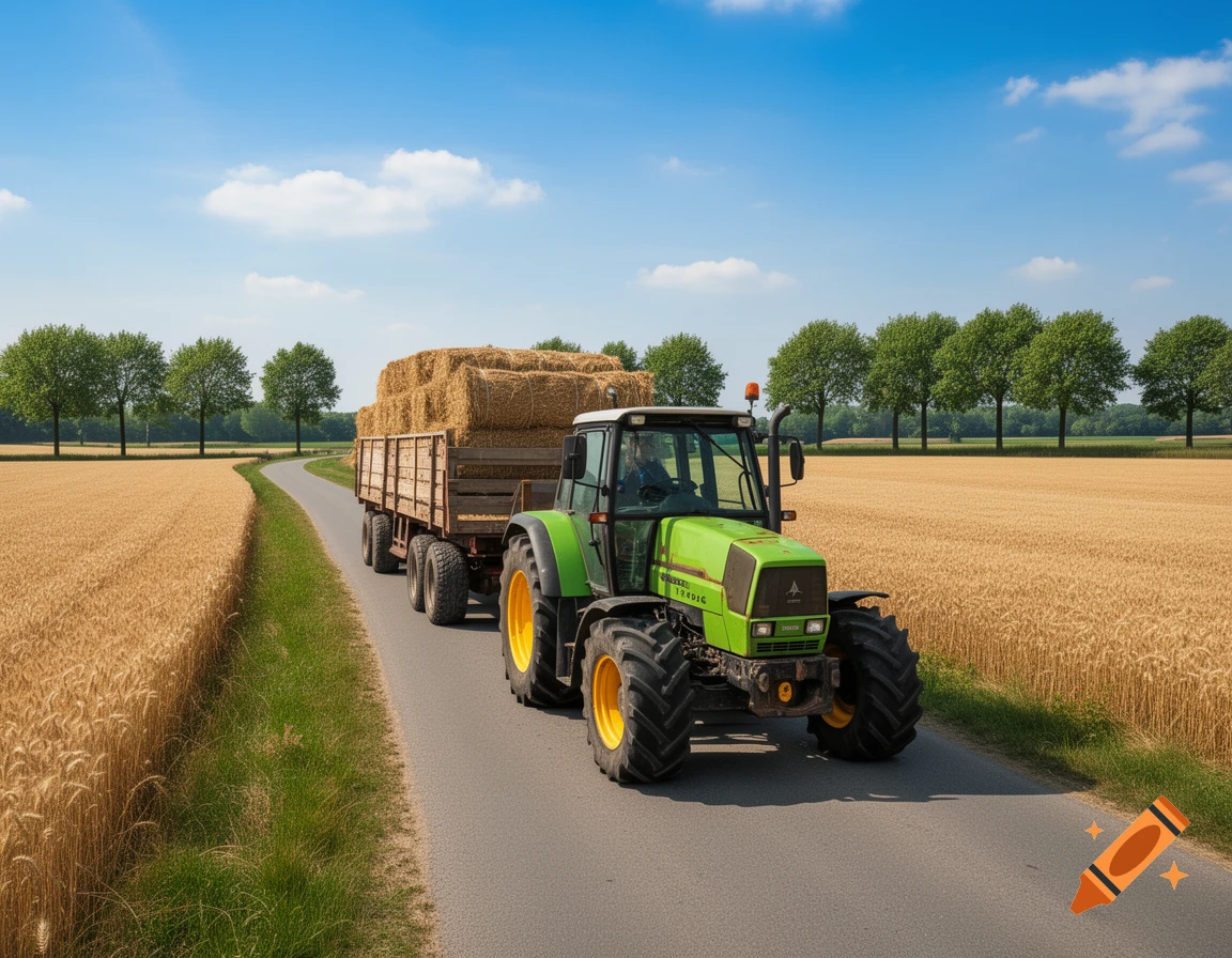 A green tractor pulling a trailer of hay bales on a rural road between golden fields under a blue sky.