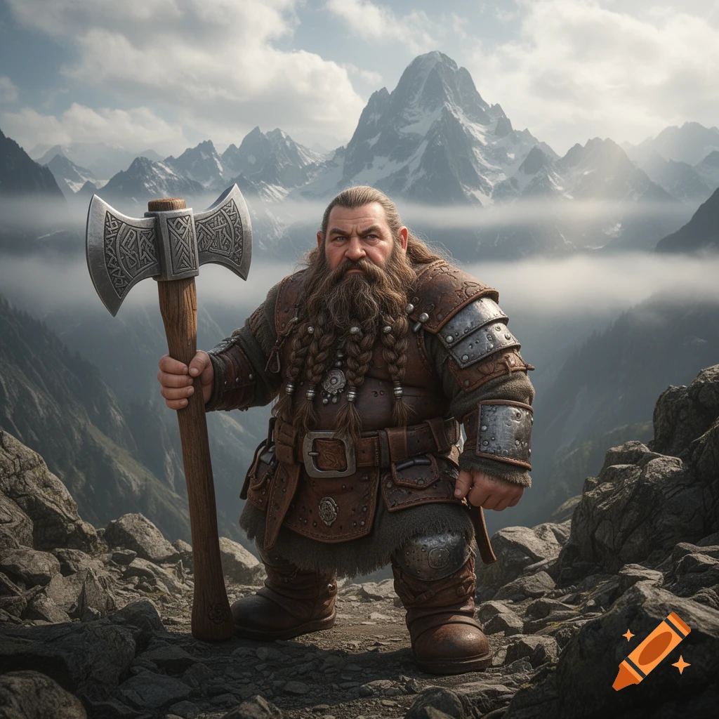 A male mountain dwarf with a braided beard and leather armor holds a battleaxe on a rocky peak, with misty mountains in the background.