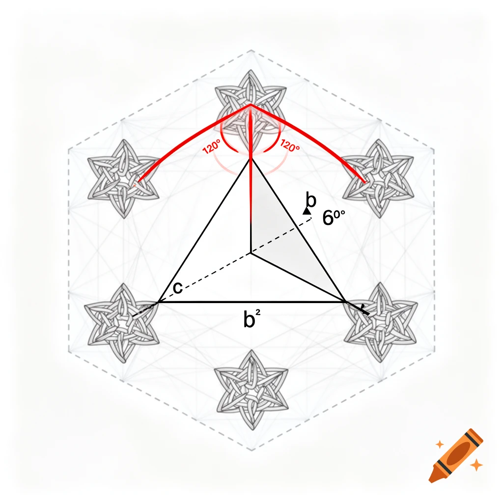 A complex geometric diagram showing an equilateral triangle inside a hexagon, with several "knotted stars" around the perimeter, labeled with angles and variables.