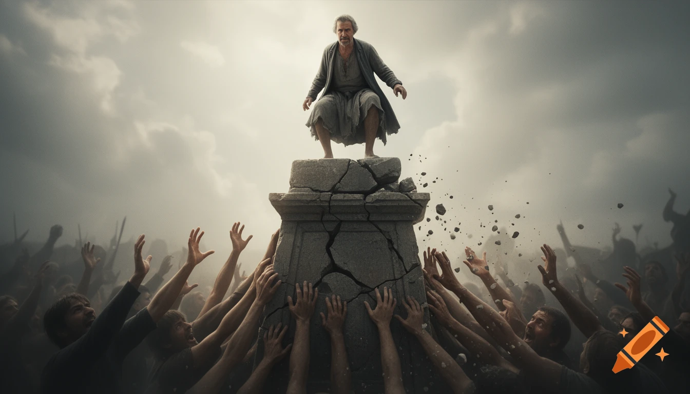 A solemn man stands on a crumbling stone pedestal as a crowd of people below reach up towards him through hazy light.
