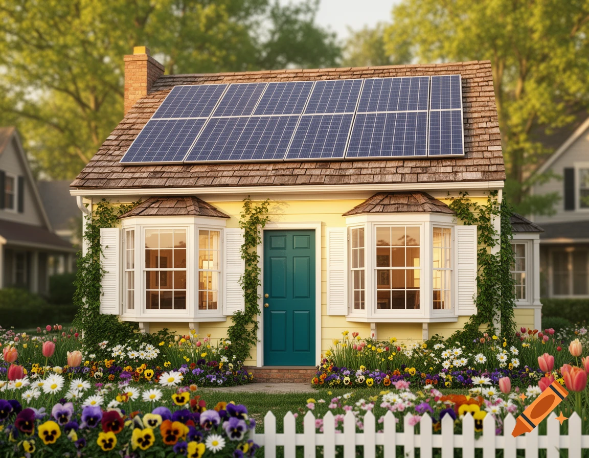 A charming yellow house with a teal door, white bay windows, solar panels, a vibrant flower garden, and a white picket fence.