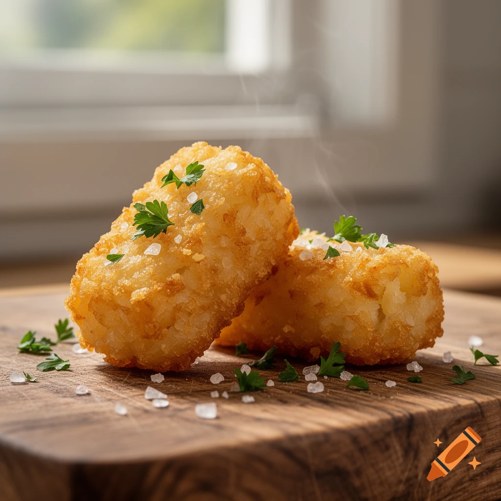 Two golden-brown fried potato tots with parsley and sea salt, steaming on a wooden board, photorealistic.