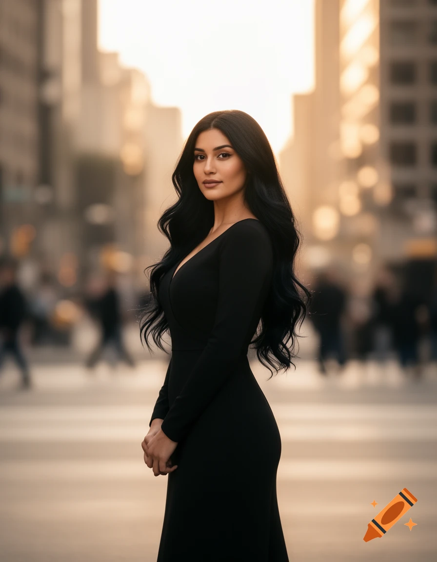 Photorealistic image of a woman with long dark hair in a black dress ...