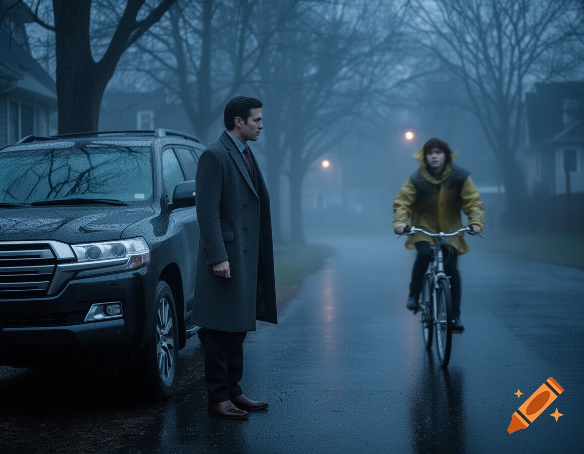 A man in a trench coat stands by a black SUV on a wet, foggy street, watching a child on a bicycle approach.