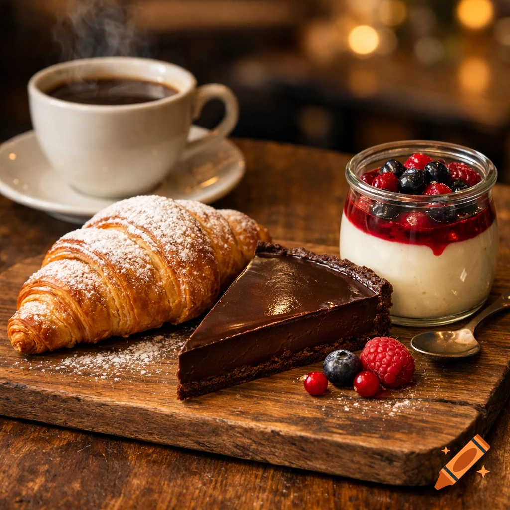 A steaming cup of coffee, a powdered sugar croissant, a chocolate tart, and a berry panna cotta on a wooden board.