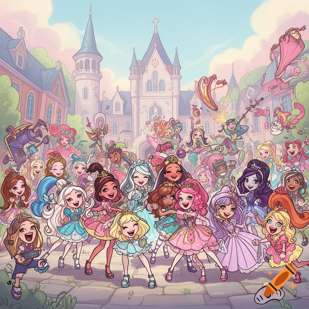 A large group of diverse, cheerful cartoon girls in colorful dresses posing in front of a whimsical castle, with some floating elements in the background.