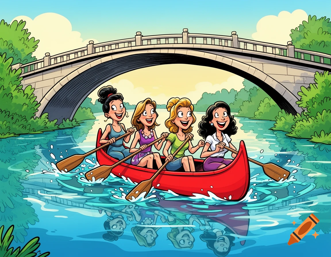 Four happy women paddle a red canoe on a river under a bridge, comic art style.