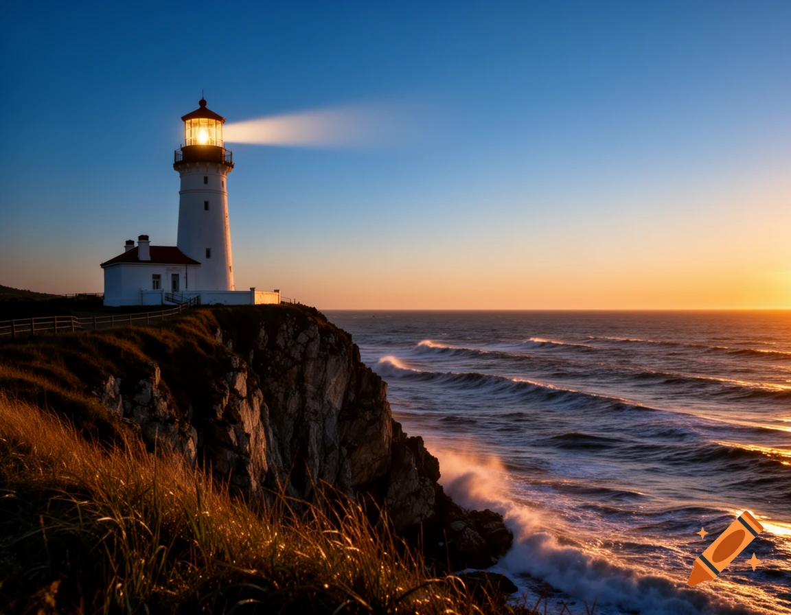 A white lighthouse with a beaming light sits atop a rugged cliff overlooking the ocean at sunset.