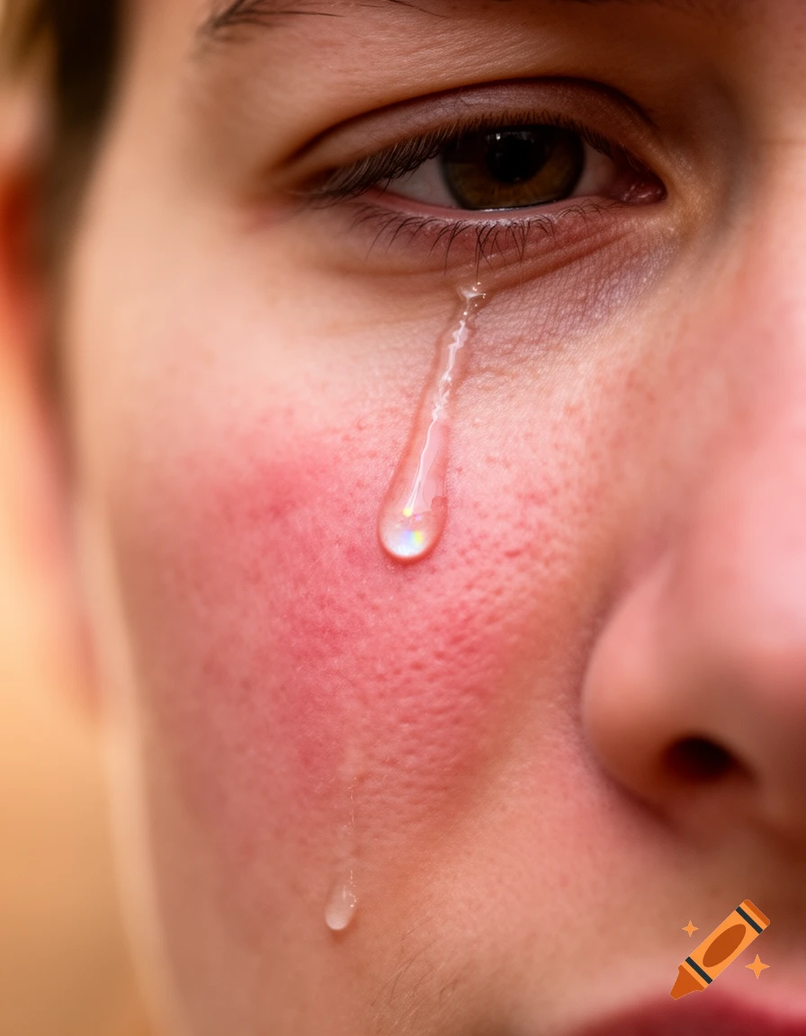 Close-up photorealistic image of a tear falling down a person's cheek, showing emotion.