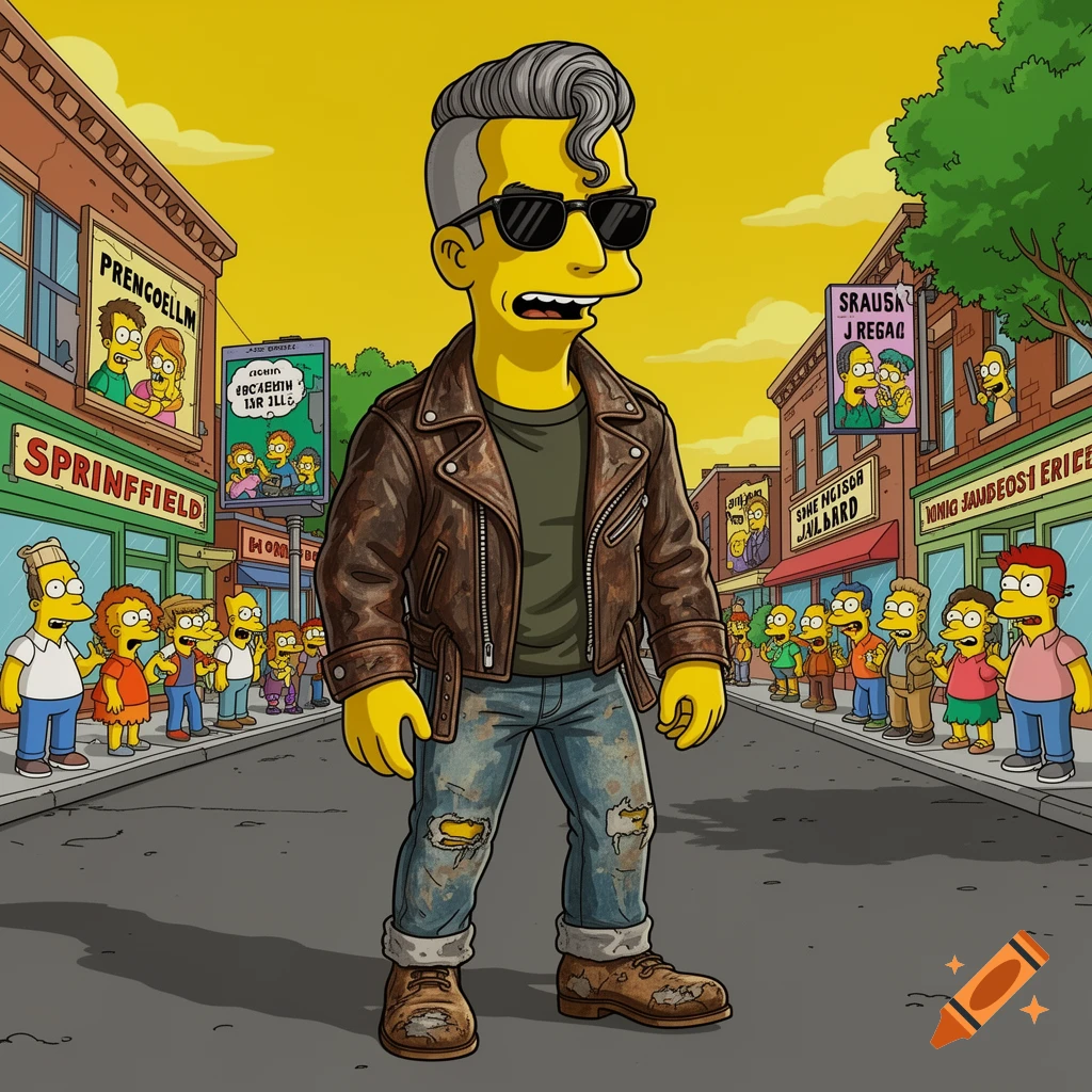 A Simpsons-style character resembling Snake and Pete Hegseth, wearing a leather jacket and ripped jeans, stands in the middle of a street in Springfield with other characters looking on.