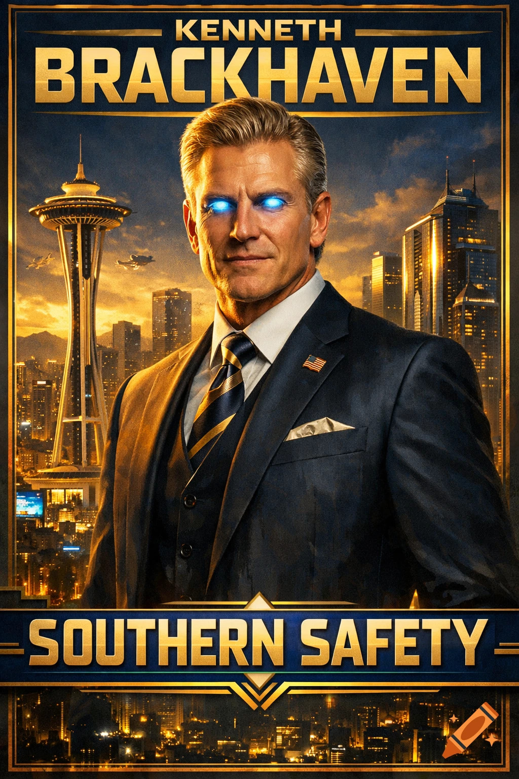 A political campaign poster featuring a man in a suit with glowing blue cyber-eyes against a cyberpunk Seattle skyline at dusk. Text reads 'KENNETH BRACKHAVEN' and 'SOUTHERN SAFETY'.
