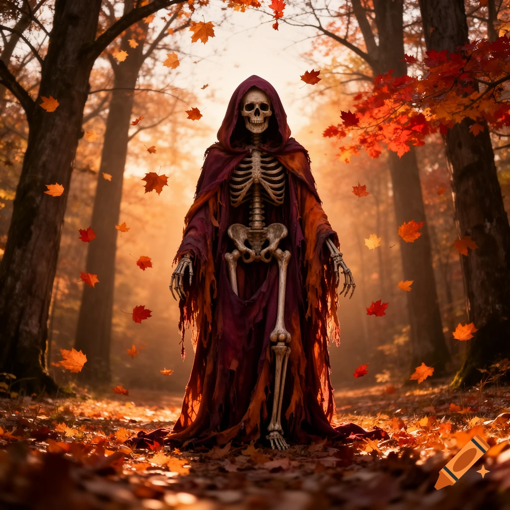 A skeleton in a tattered red robe stands in an autumn forest with falling orange and red leaves.