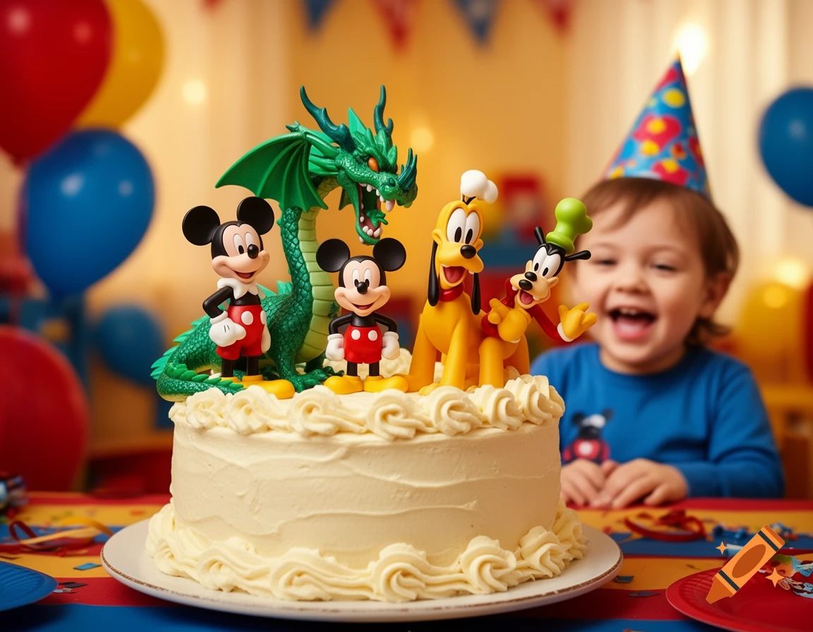 A child in a party hat excitedly smiles behind a birthday cake topped with Mickey Mouse, Pluto, Goofy, and a green dragon figurines.