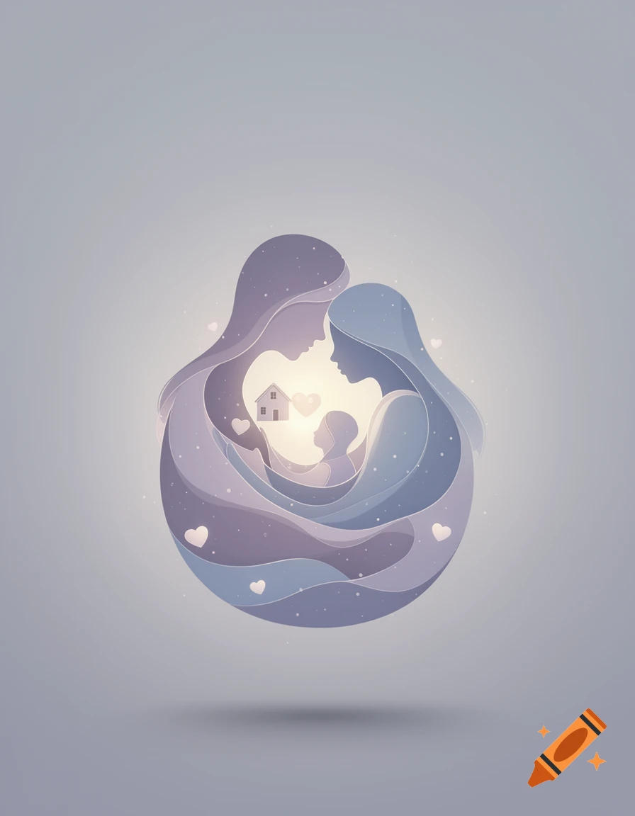 Minimalist abstract illustration of two female figures embracing a child, surrounded by hearts and a small house, in pastel lavender and blue tones.