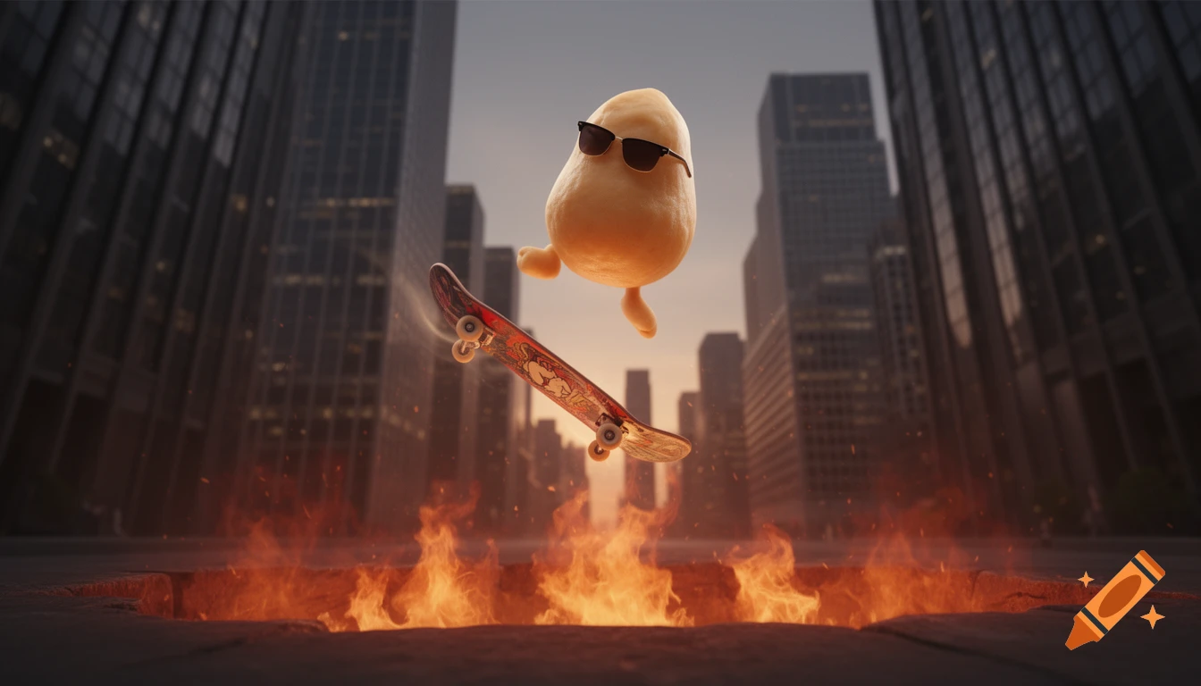 A cartoon potato wearing sunglasses does a skateboard kickflip over a pit of fire in a city street between skyscrapers, photorealistic style.