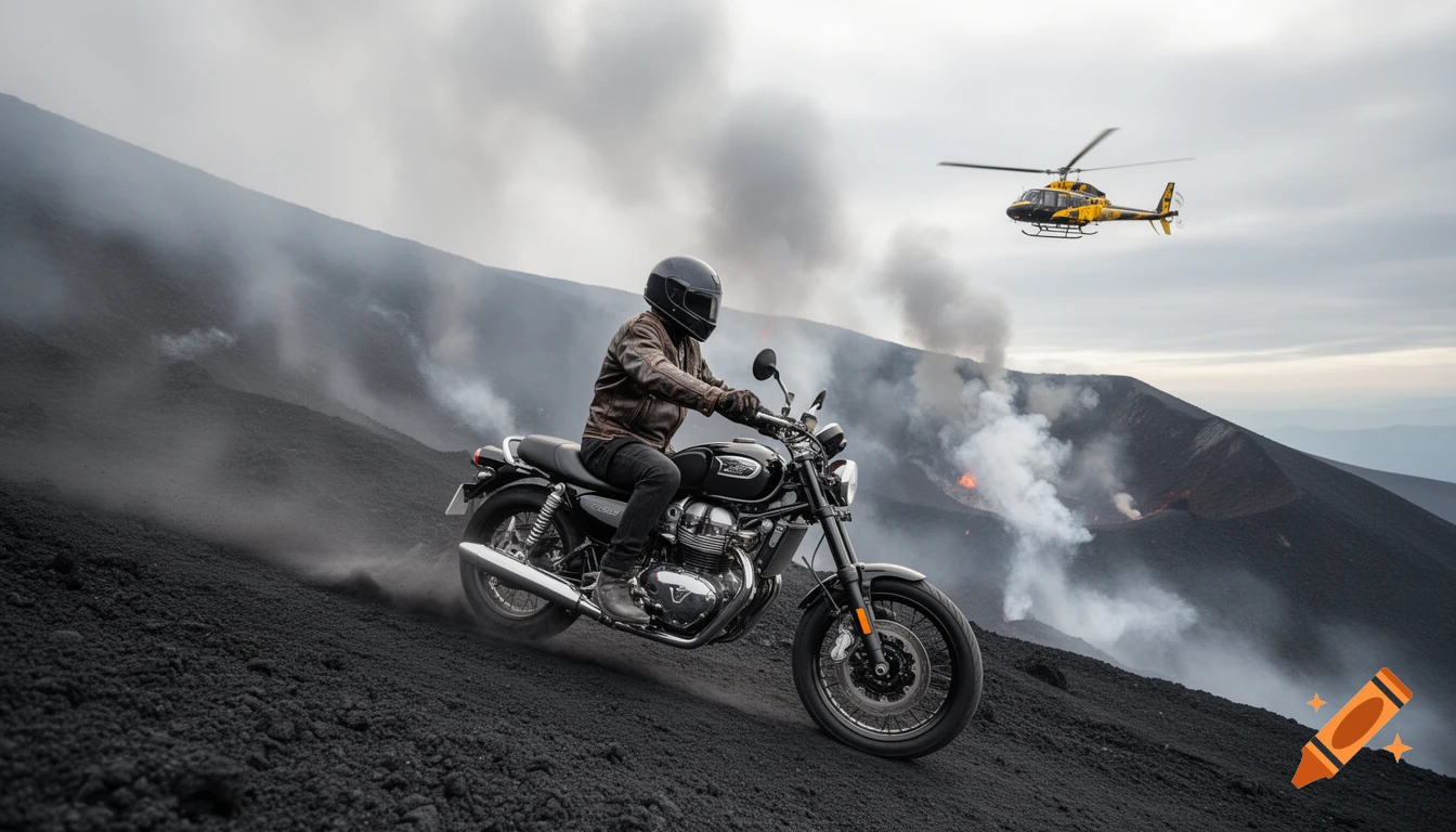 A person in a helmet rides a black motorcycle down a volcanic slope with smoke, fire, and a yellow helicopter in the background.