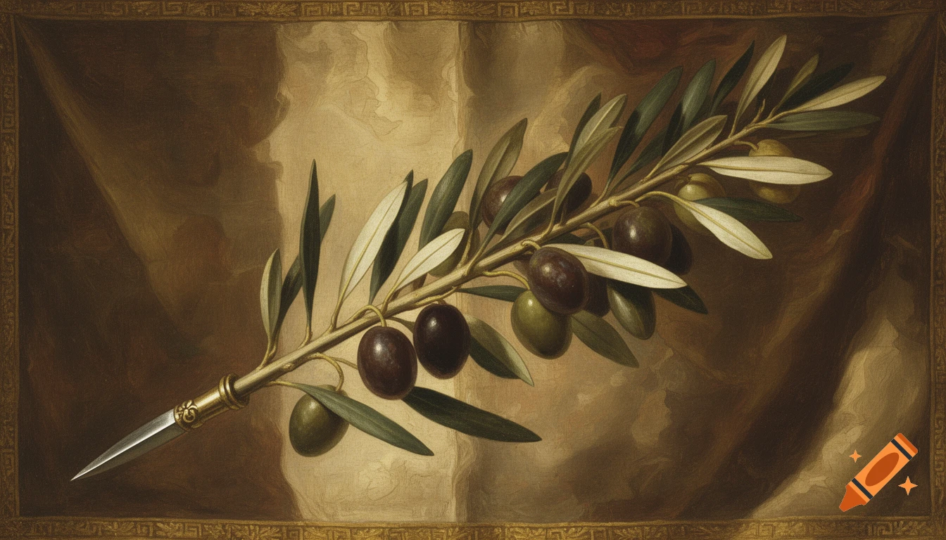 A classical painting of an olive branch with ripe olives, one end sharpened into a spear, against a brown draped background with a patterned frame.