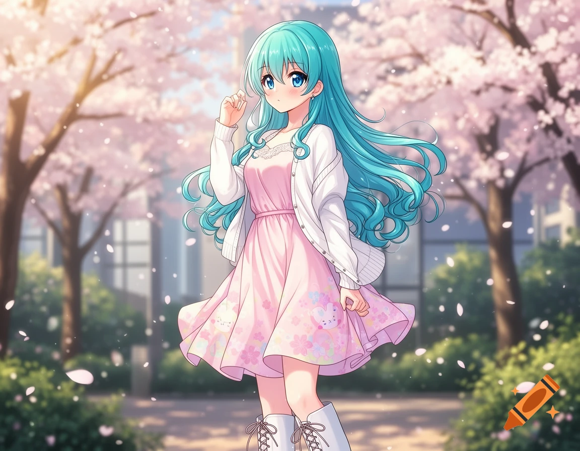 An anime girl with long teal hair and blue eyes, wearing a pink dress and white cardigan, stands smiling under falling cherry blossoms.