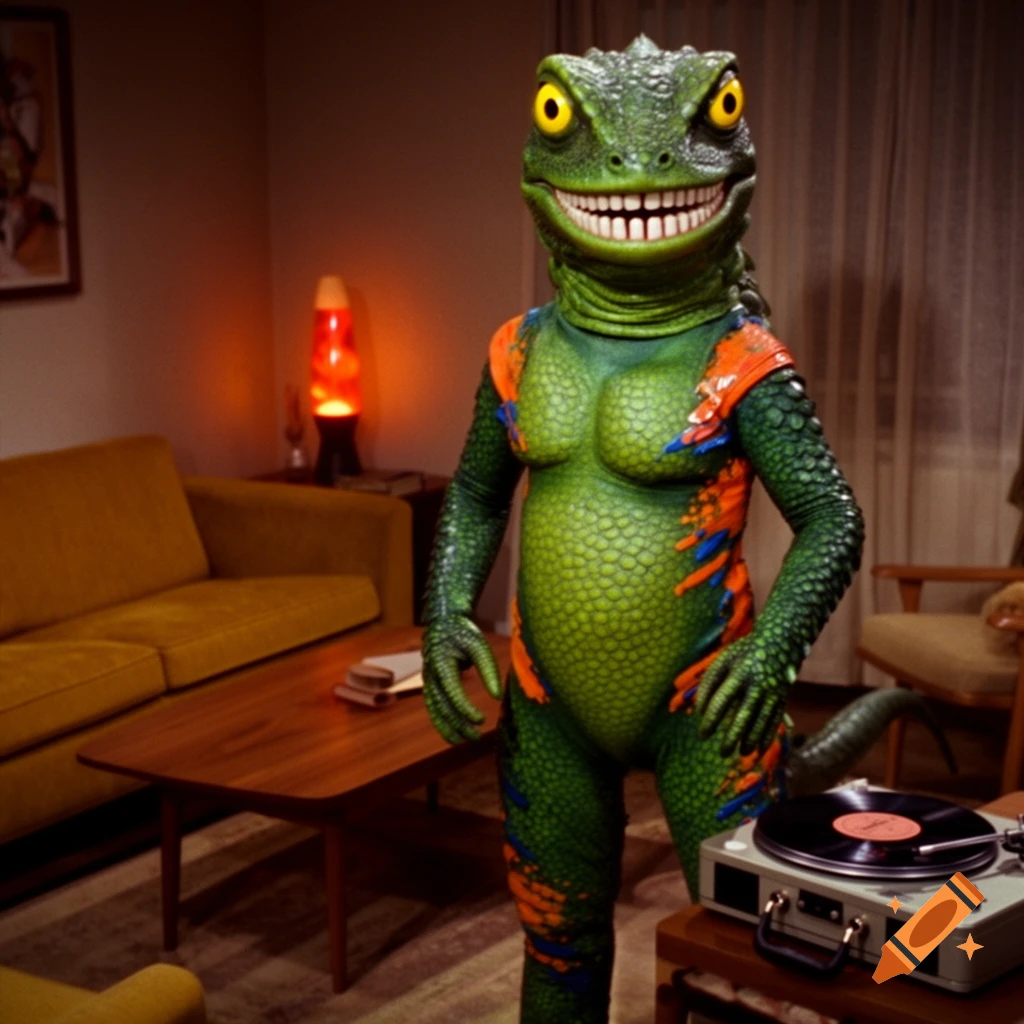 A green humanoid lizard in a 60s-style costume stands in a dimly lit living room with a lava lamp and record player.