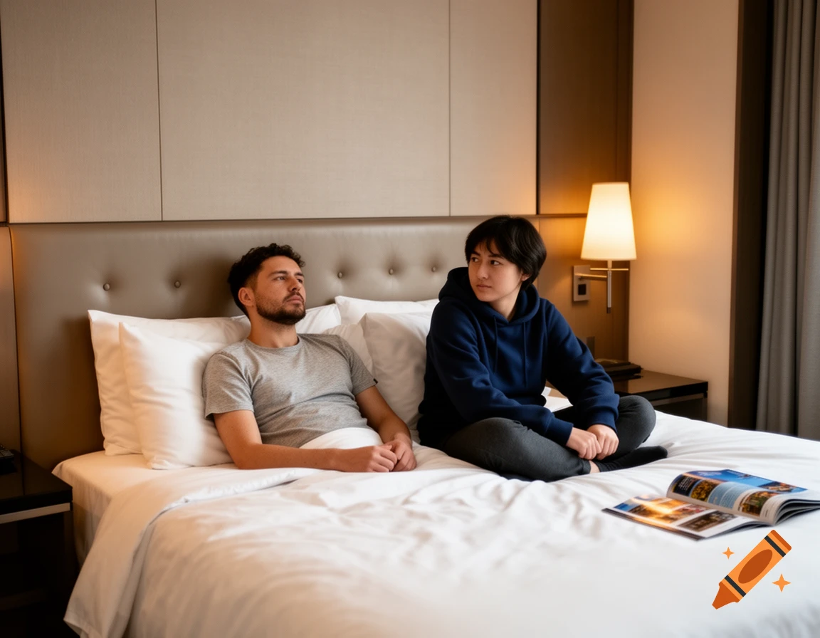 A man and a person with short hair sit on a hotel bed, looking in different directions. An open magazine is on the bed.