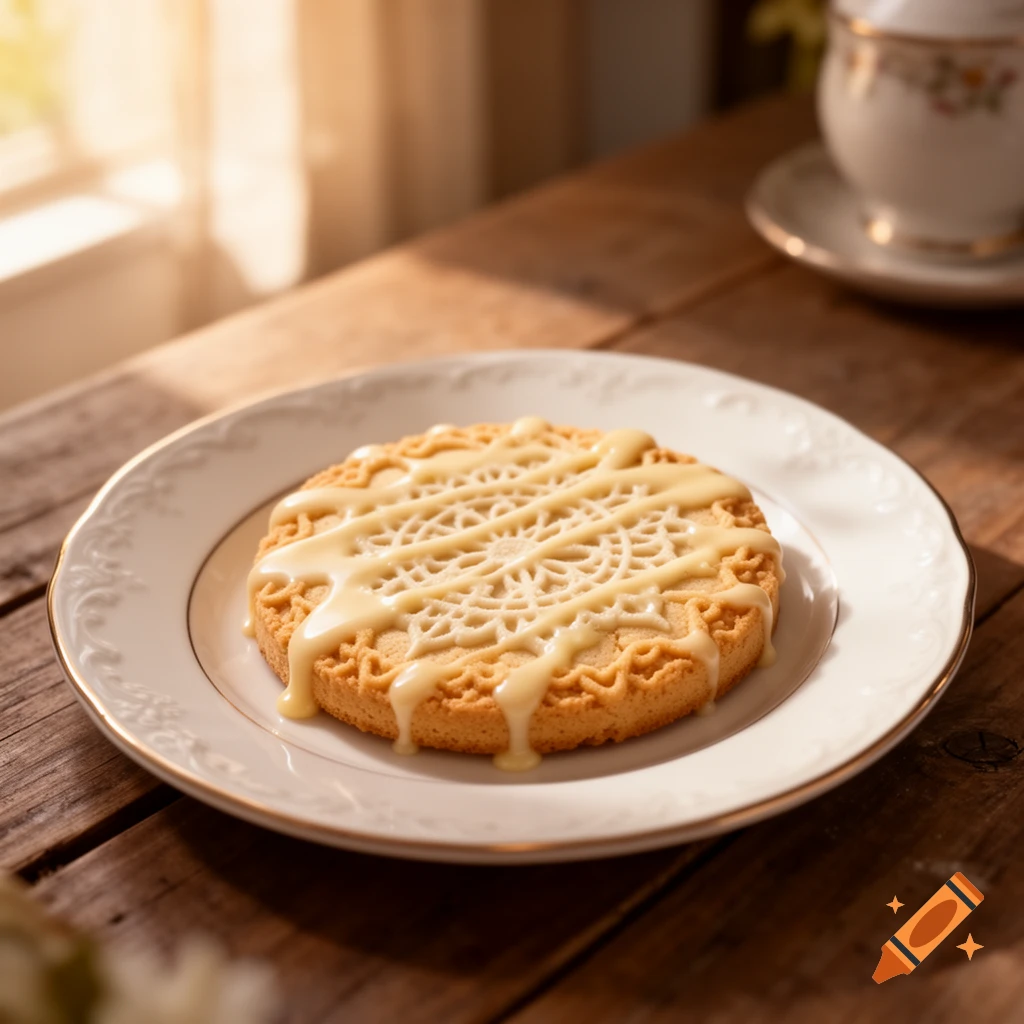 A photorealistic image of a round cookie with an intricate pattern and white frosting, on a white plate on a wooden table, bathed in sunlight.