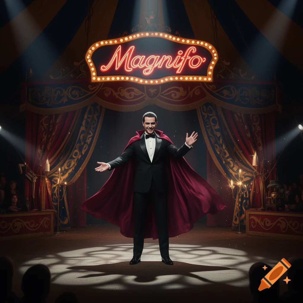 A male magician in a tuxedo and red cape stands under a neon sign reading 'Magnifo' on a spotlighted circus stage, arms outstretched, smiling.
