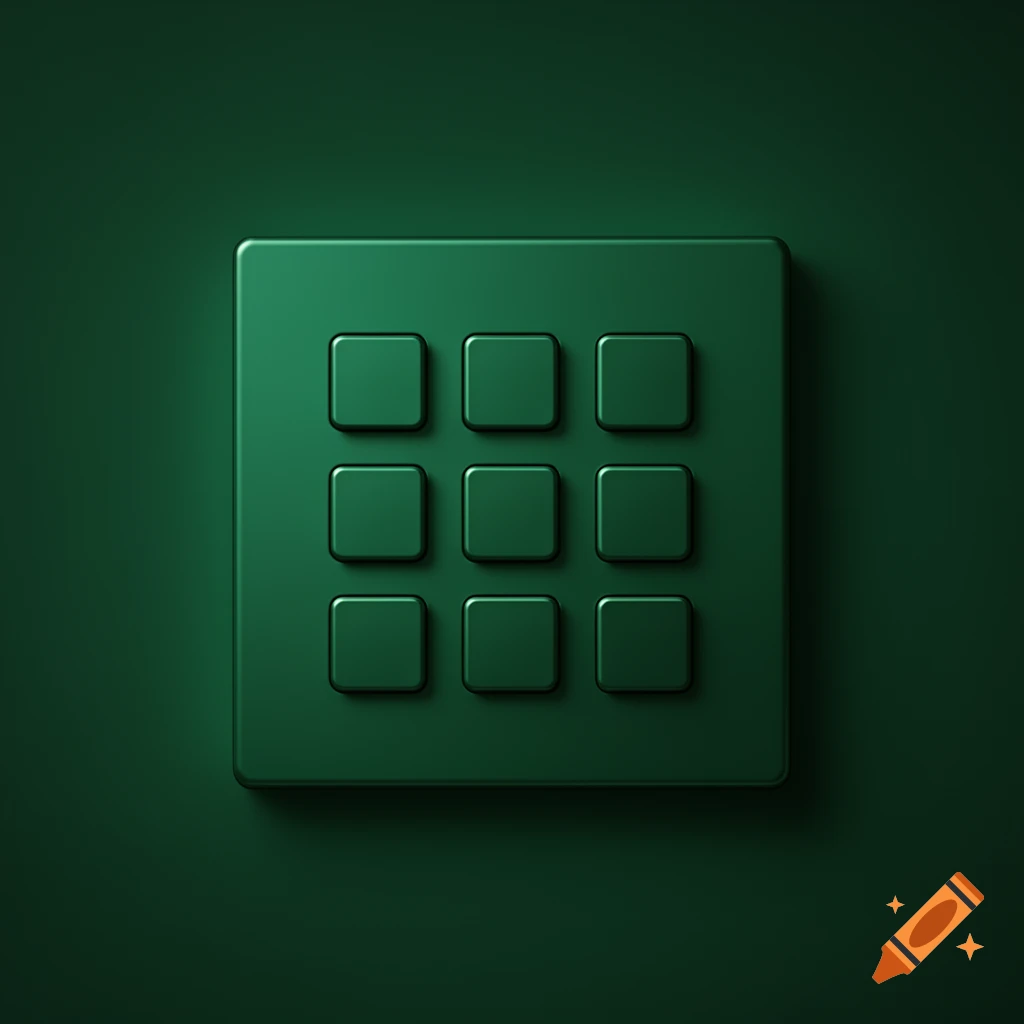 A minimalist 3D render of a dark green square panel with nine slightly raised, rounded square buttons in a 3x3 grid.
