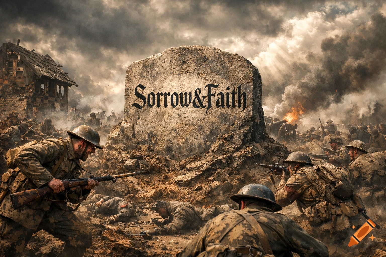 Dramatic photorealistic war scene with soldiers in uniform on a muddy, chaotic battlefield under a cloudy sky. A large stone monument inscribed 'Sorrow&Faith' stands prominently.