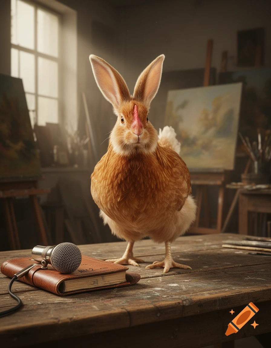 A photorealistic image of a chicken with a rabbit's head and a red comb standing on a wooden table in an artist's studio, next to a microphone and a book.