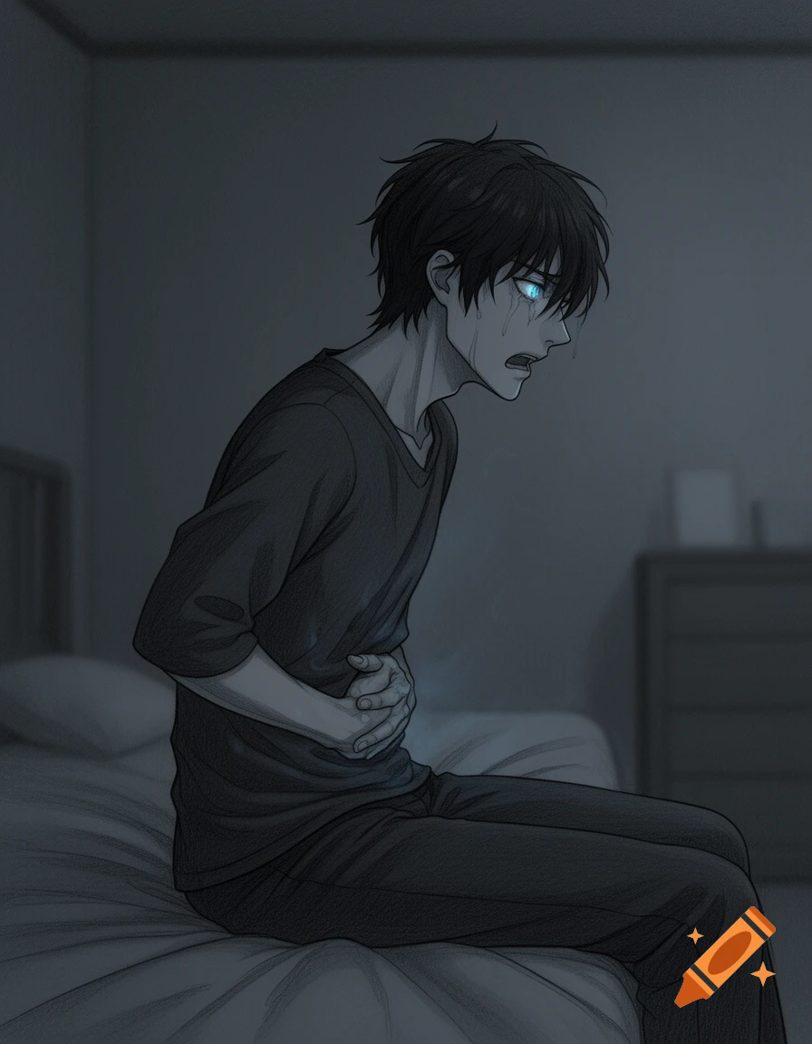 An anime man sits on a bed in a dark room, clutching his stomach in pain, with glowing blue eyes and tears, in a pencil sketch style.