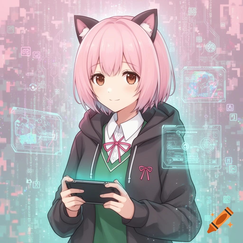 An anime catgirl with pink hair and cat ears, wearing a hoodie, holds a gaming device against a pink and teal digital background.