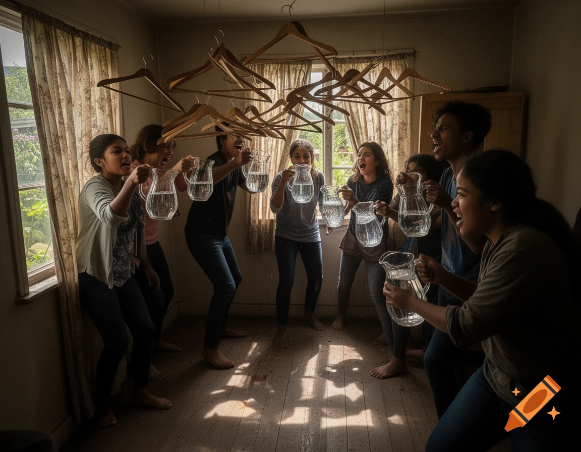 A group of young people, barefoot, standing in a dim room, holding glass pitchers full of water, looking up at tangled wooden hangers, with dramatic lighting.